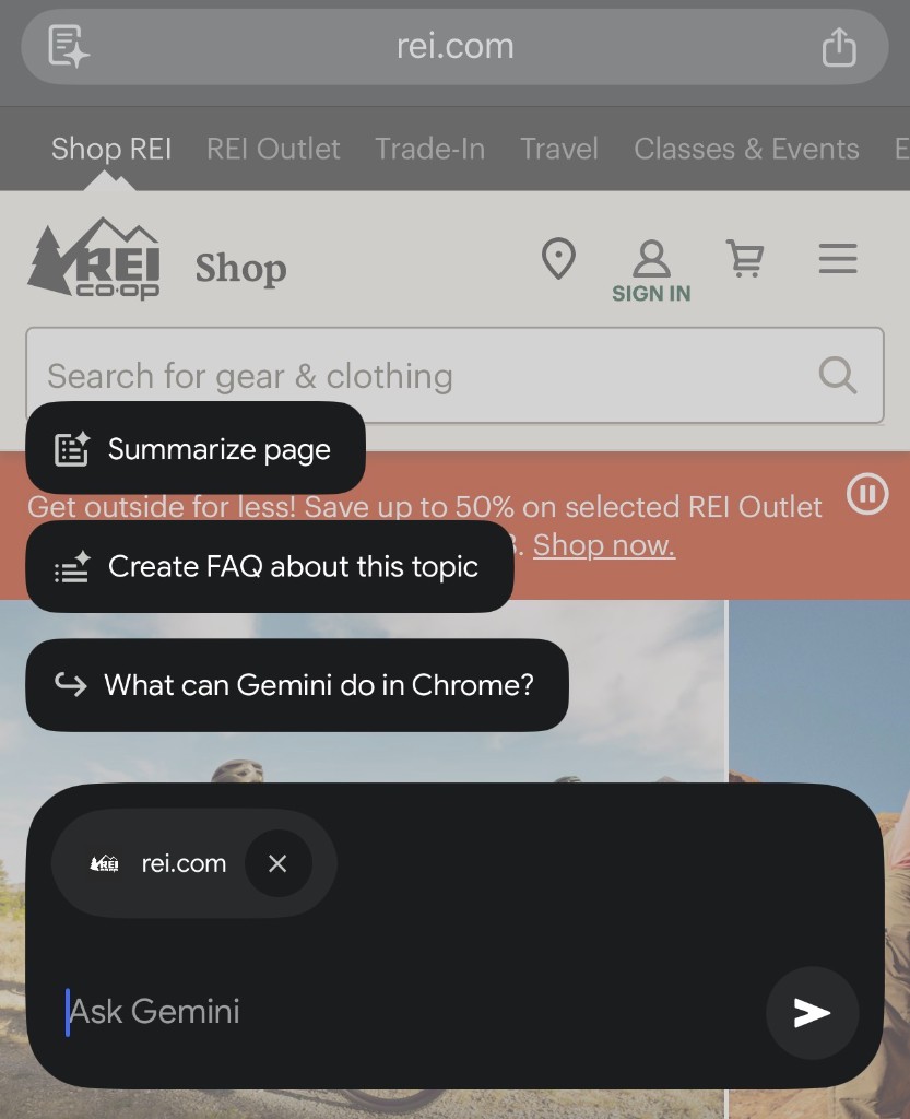 Chrome mobile assistant quick actions including summarize page and create FAQ