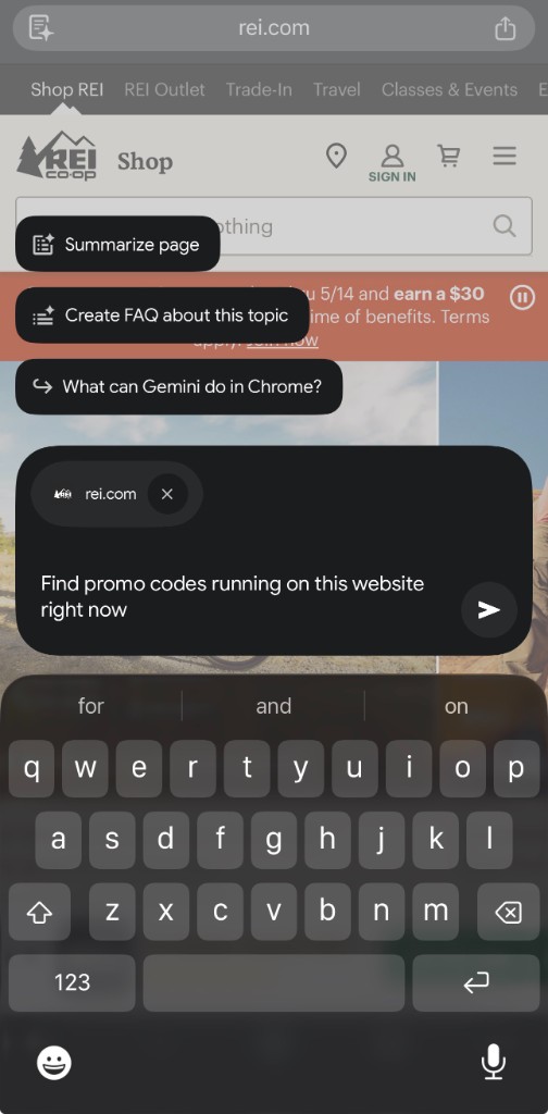 Prompt entered in Chrome assistant asking to find promo codes on current website