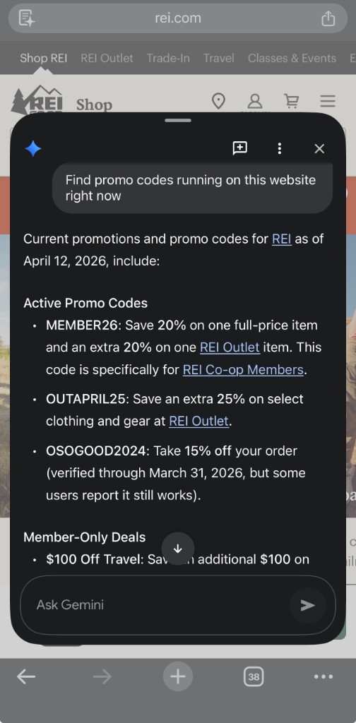 Chrome assistant response listing current promotions and active promo codes for REI