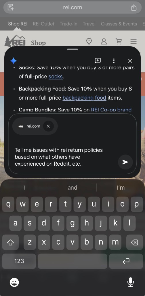 Follow-up prompt asking assistant about return policy issues experienced by users