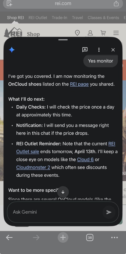 Assistant message confirming monitoring for product price changes with daily checks