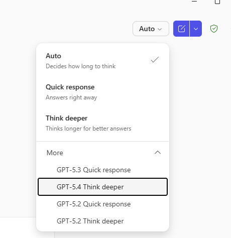 Microsoft Copilot model dropdown showing Auto, Quick response, Think deeper, and More section with GPT-5.4 Think deeper