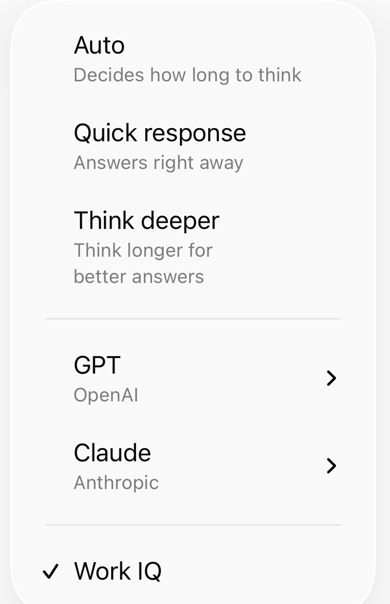 Copilot model menu with Work IQ checked — Auto, Quick response, Think deeper, GPT, Claude